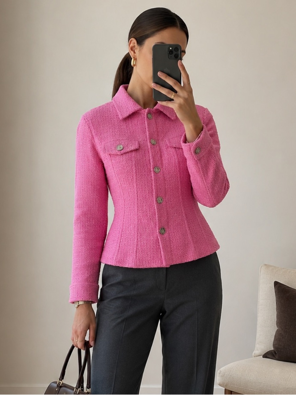 Maje Pink Tweed Button-Down Jacket Fitted Peplum Size 36 Small